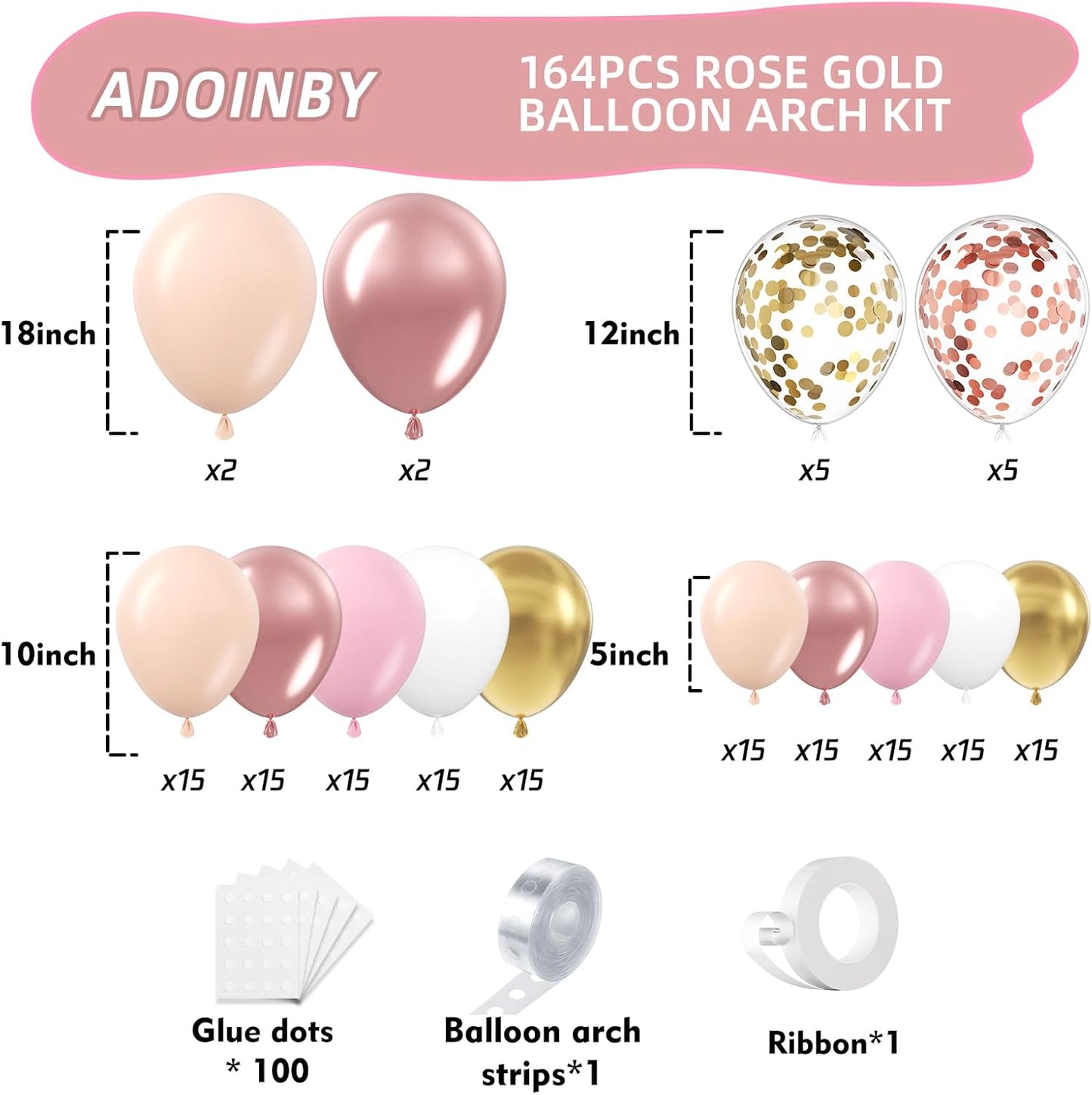 Rose Gold Balloon Arch Kit, 164Pcs Nude Pastel Pink Metallic Gold White and Confetti Balloon Garland kit for Bridal Shower Girl Birthday Baby Shower Wedding Party Decorations