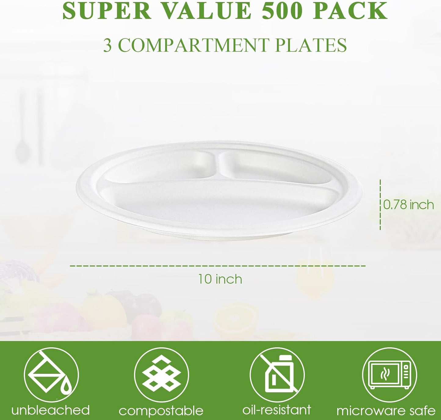 Vplus 100% Compostable Paper Plates, 500 Pack 10 Inch 3 Compartment Plates Disposable, Heavy Duty Biodegradable, Made of Sugar Cane Fibers, for Daily meals, Dinner, Parties, BBQ