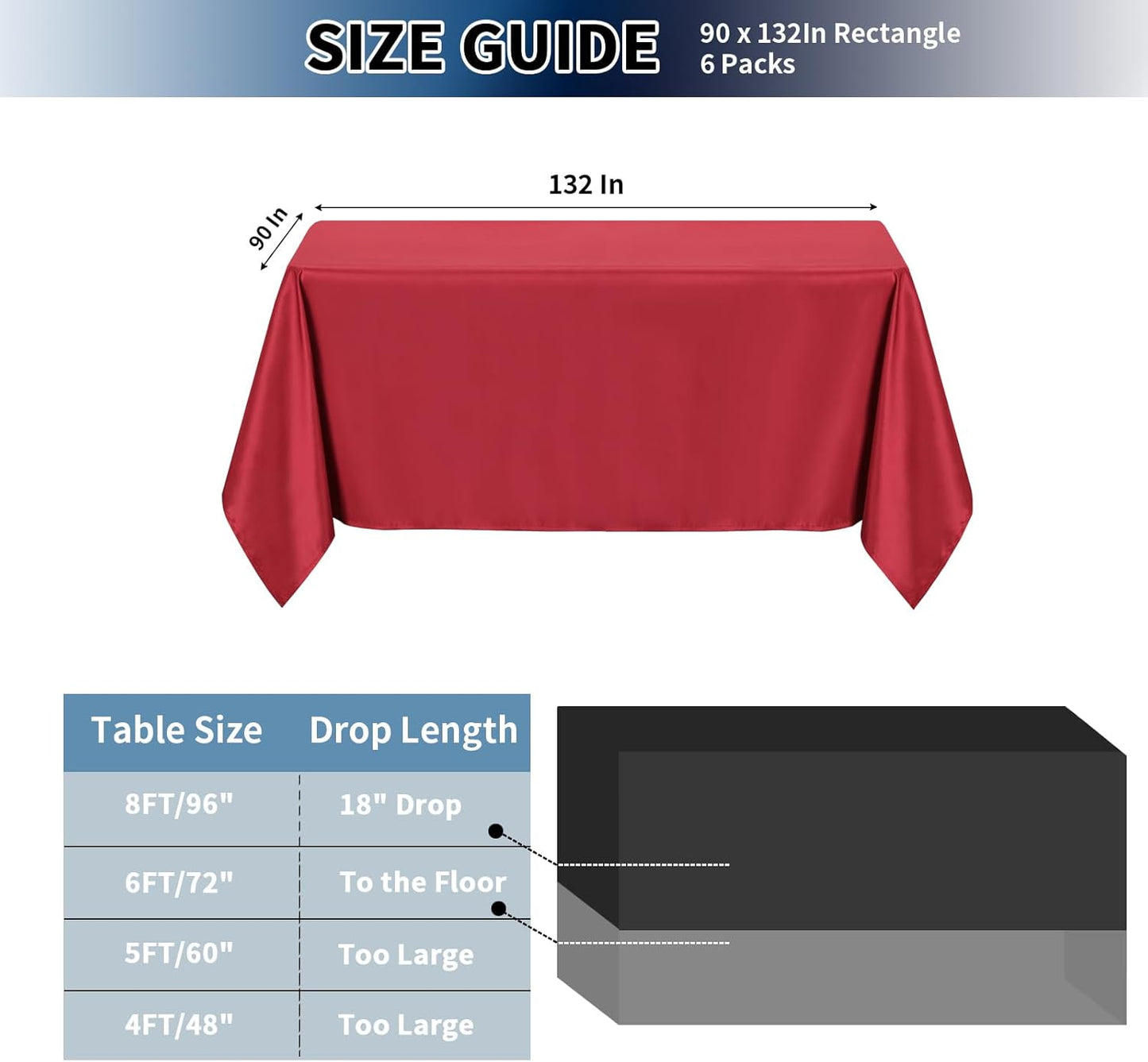 PureFit 6 Pack Rectangle Red Table Cloths 90 x 132 Inch for 8Ft Tables, Stain and Wrinkle Resistant Table Linens for Home Use, Wedding, Party, Banquet and Camping
