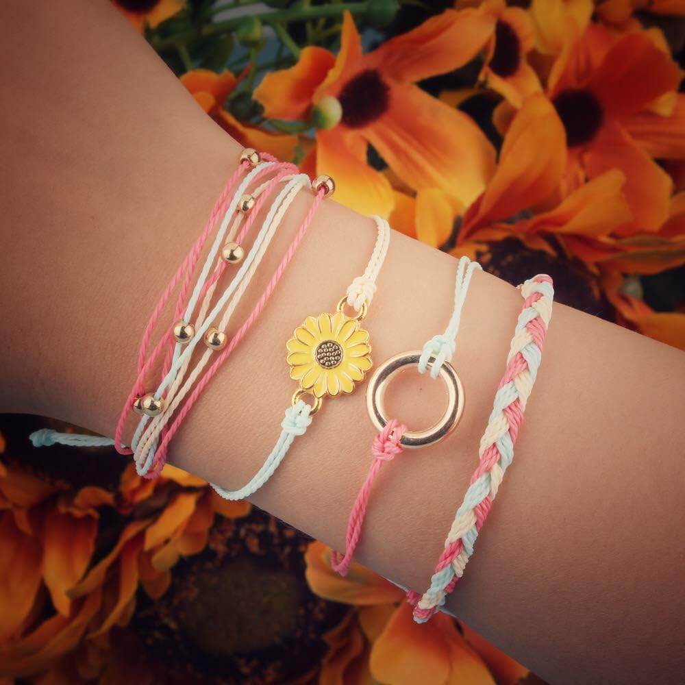FANCY SHINY Sunflower String Bracelet Boho Braided Rope Wrap Bracelets Cute Summer Beach Surfer Jewelry for Women Christmas Gifts
