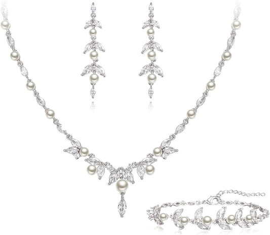 EleQueen Women's Simulated Pearl Wedding Jewelry Set, Cubic Zirconia Marquise Floral Bridal Necklace Earrings Bracelet Sets