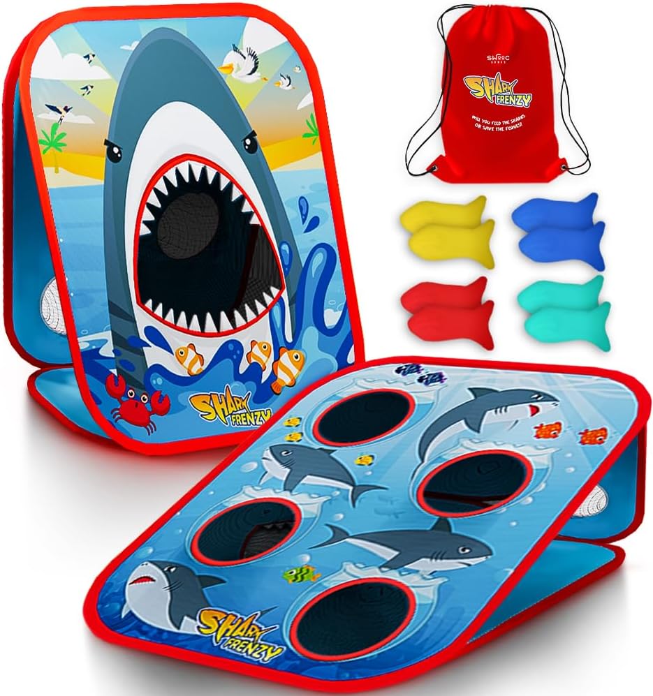 Swooc Games® - Shark Frenzy™ | 2-in-1 Bean Bag Toss Game for Kids | 5-Second Setup Toddler Party Games for Kids | Toddler Outdoor Fun | Corn Hole Shark Toys for Boys | Cornhole Game Set Outside