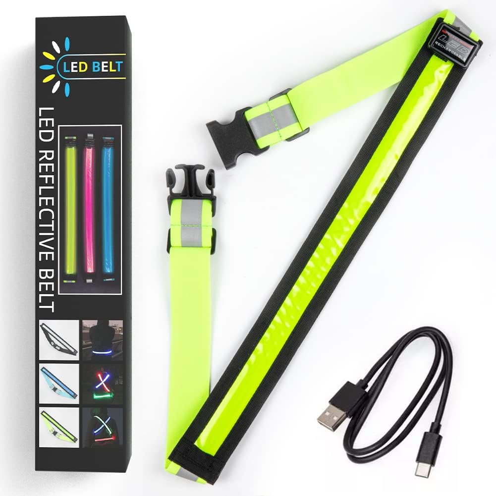 LED Reflective Running Gear,High Visibility Reflective Belt Sash with Safety Light,USB Rechargeable Adjustable Size Night Accessories for Night Outdoor Running