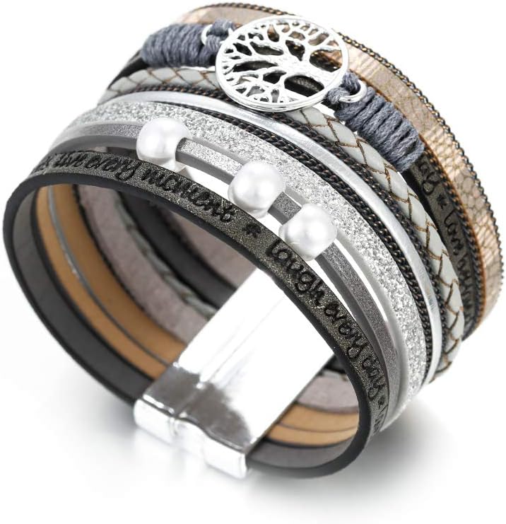 Fesciory Leather Wrap Bracelets for Women, Boho Leopard Multi-Layer Crystal Beads Cuff Bracelet Jewelry