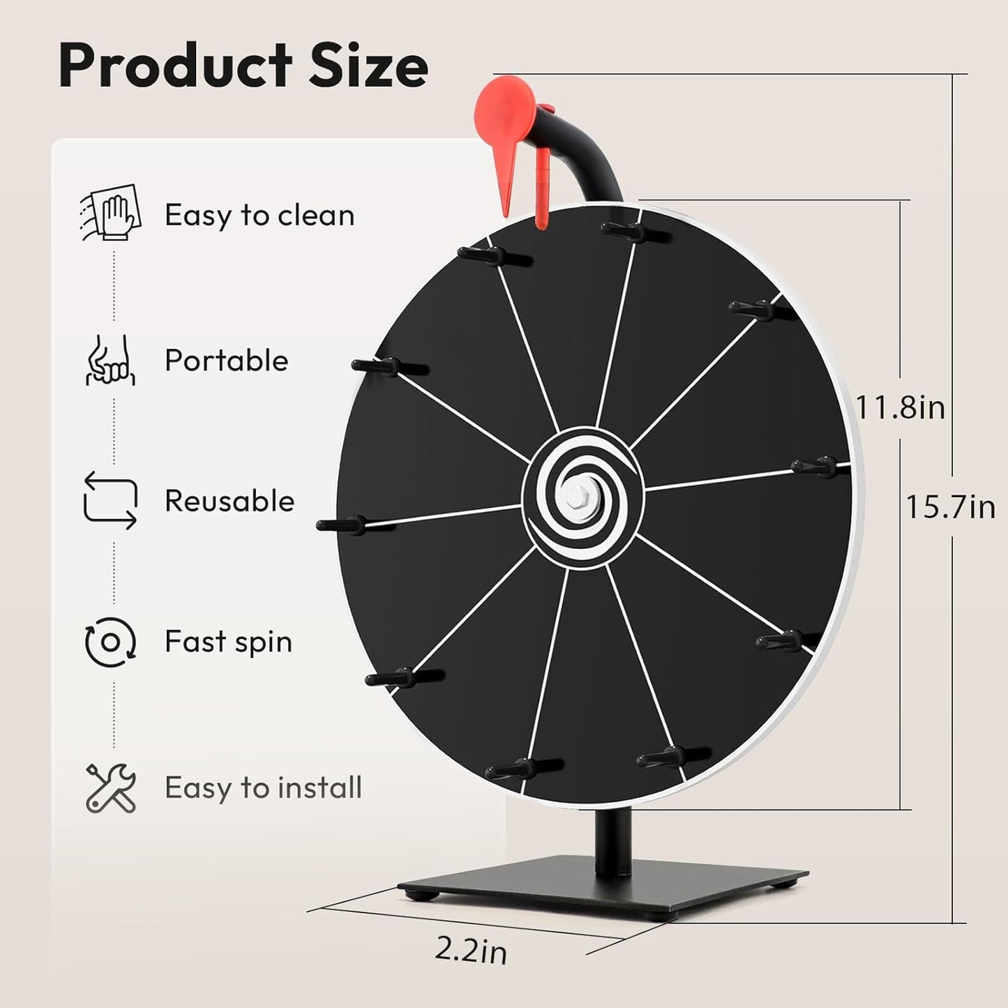 Prize Wheel 12 Inch with Stand - Spinning Wheel Game with Dry-Erase Marker and Eraser, Portable Wheel of Fortune with 10 Slots for Games, Raffles, Classroom & Parties