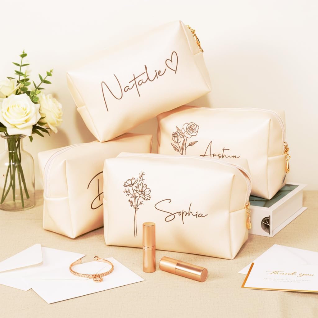 DayOfShe Personalized Name Makeup Bag for Bridesmaid Gifts Bridal Shower Wedding Gifts Custom Toiletry Bag Cosmetic Bag for Best Friend Birthday Gifts