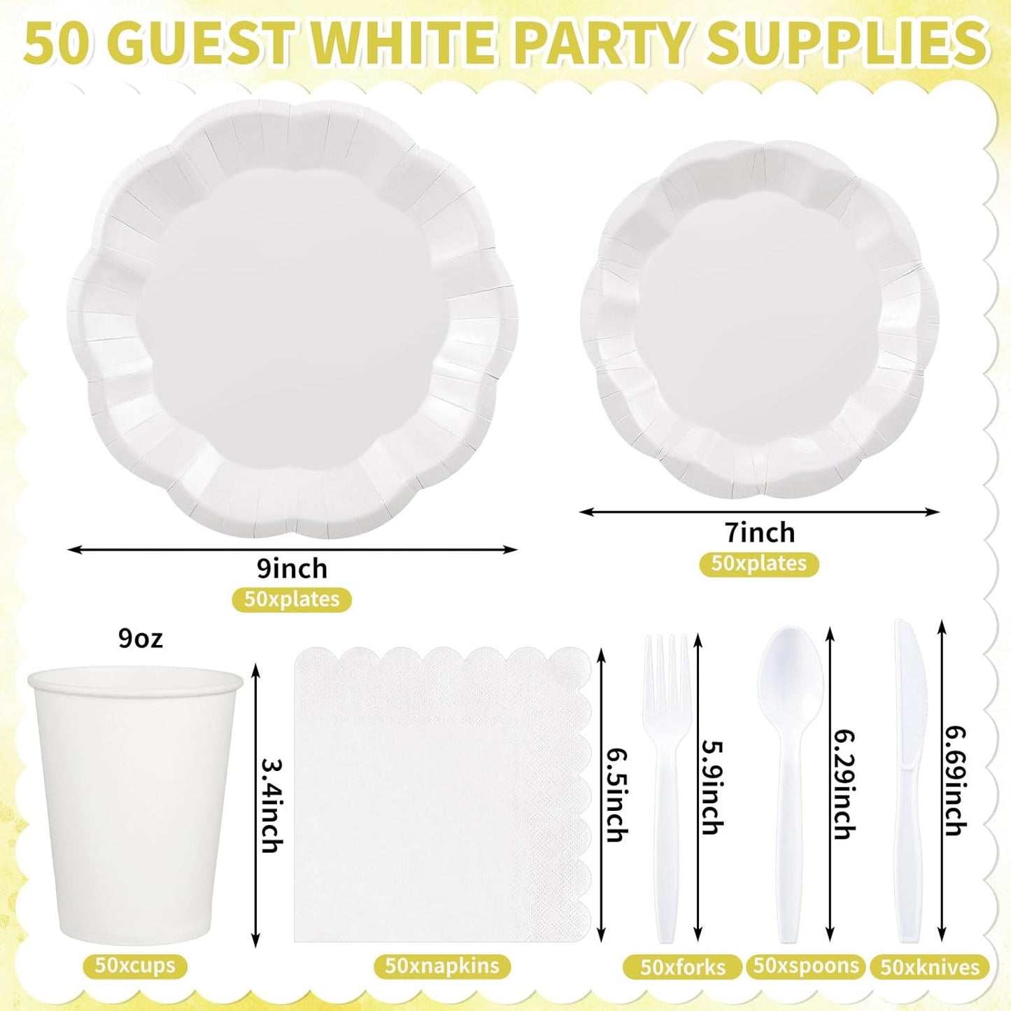 350 Pcs White Party Supplies Include Scalloped Plate Napkin Cup Forks Knives, Plastic Cutlery 50 Guest Disposable Parties Tableware Set for Wedding Baby Shower Bridal Shower Birthday Party