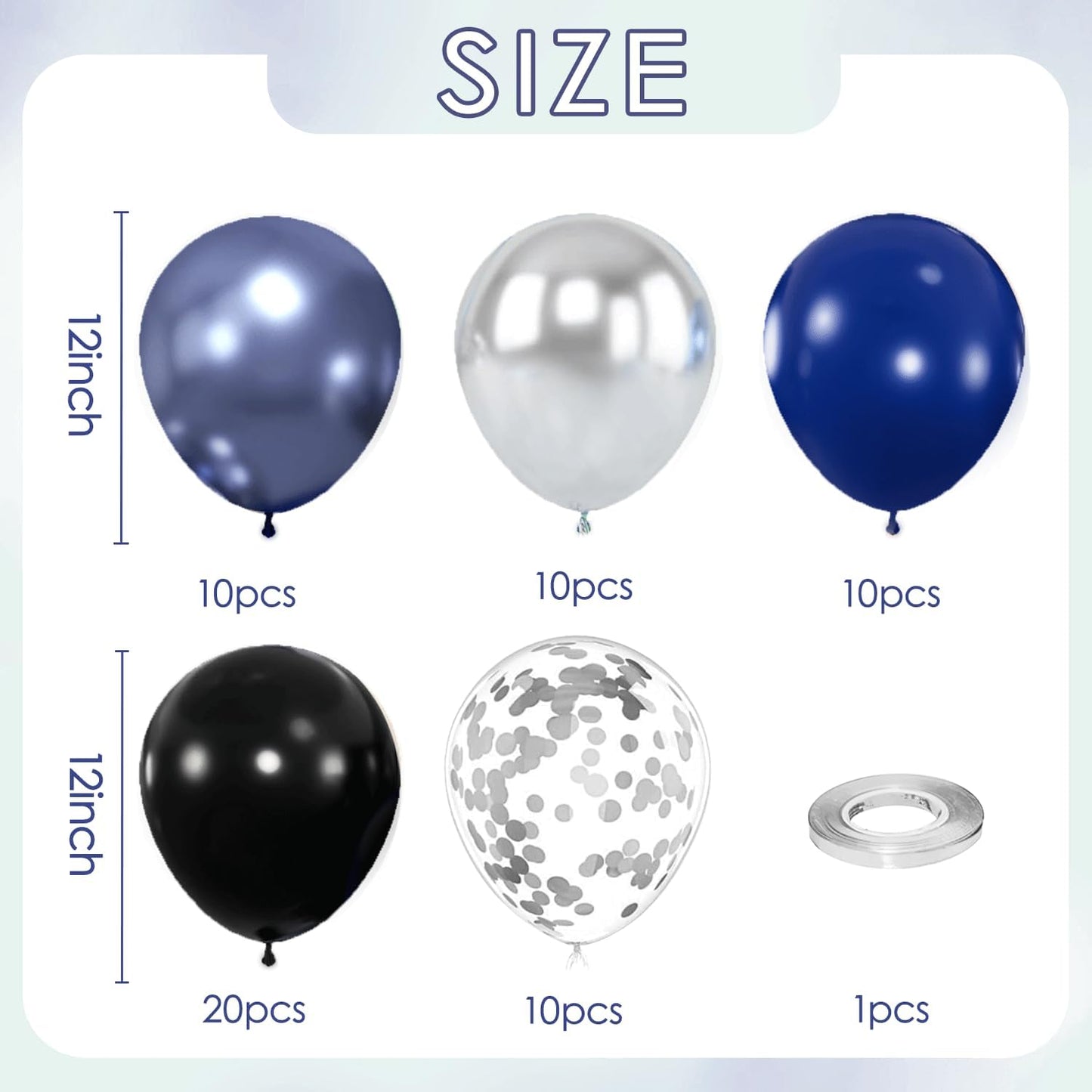 Navy Blue Silver Black Balloons, 60pcs 12 inch Dark Blue and Silver Metallic Balloons Blue Silver Confetti Party Balloons for Graduation Father's Day Birthday Party Decorations