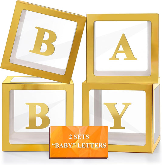 Ledido Baby Boxes with Letters for Baby Shower Decorations, 4 pcs Clear Baby Balloon Boxes Blocks for Baby Shower Decor with Letters for Boy Girl Gender Reveal Decorations Backdrop Party (Gold)