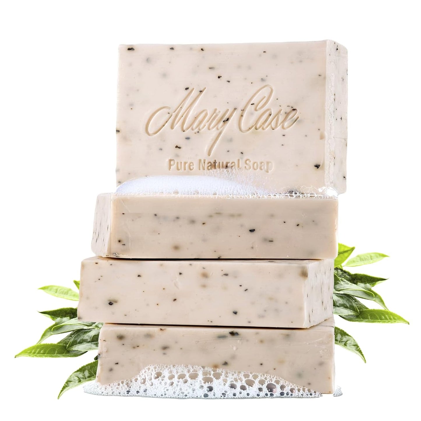 Mary Case All Natural Bar Soap for Men & Women (Set of 4) - Tea Tree Bath Soap Bar with Olive, Coconut, Tea Tree Oils & Leaves - Vegan Natural Soaps for Balancing Oily Skin & Clearing Pores