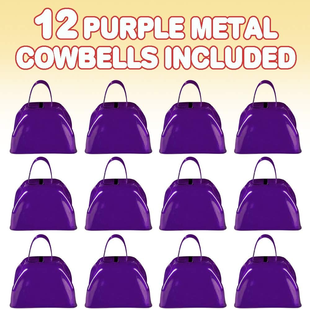 ArtCreativity 3 Inch Purple Metal Cowbell Noisemakers - Pack of 12 - Loud Metal Cowbell Noise Makers with Handles, Great for Football Games, Sporting Events, New Year’s Eve, for Kids and Adults