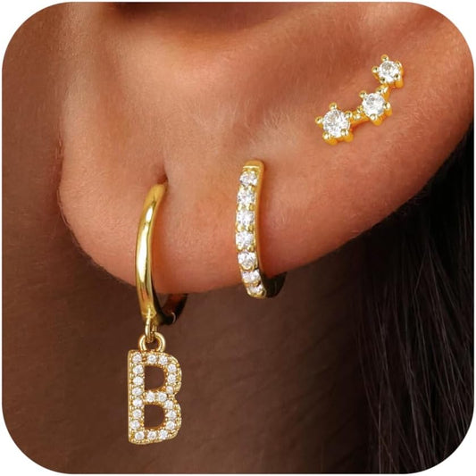 Gold Earrings for Women Girls - 3 Pairs Gold Huggie Hoop Earrings for Girls with Initial Dangle Cartilage Earrings Studs Hypoallergenic Earring Set for Multiple Piercing Gifts for Women Girl