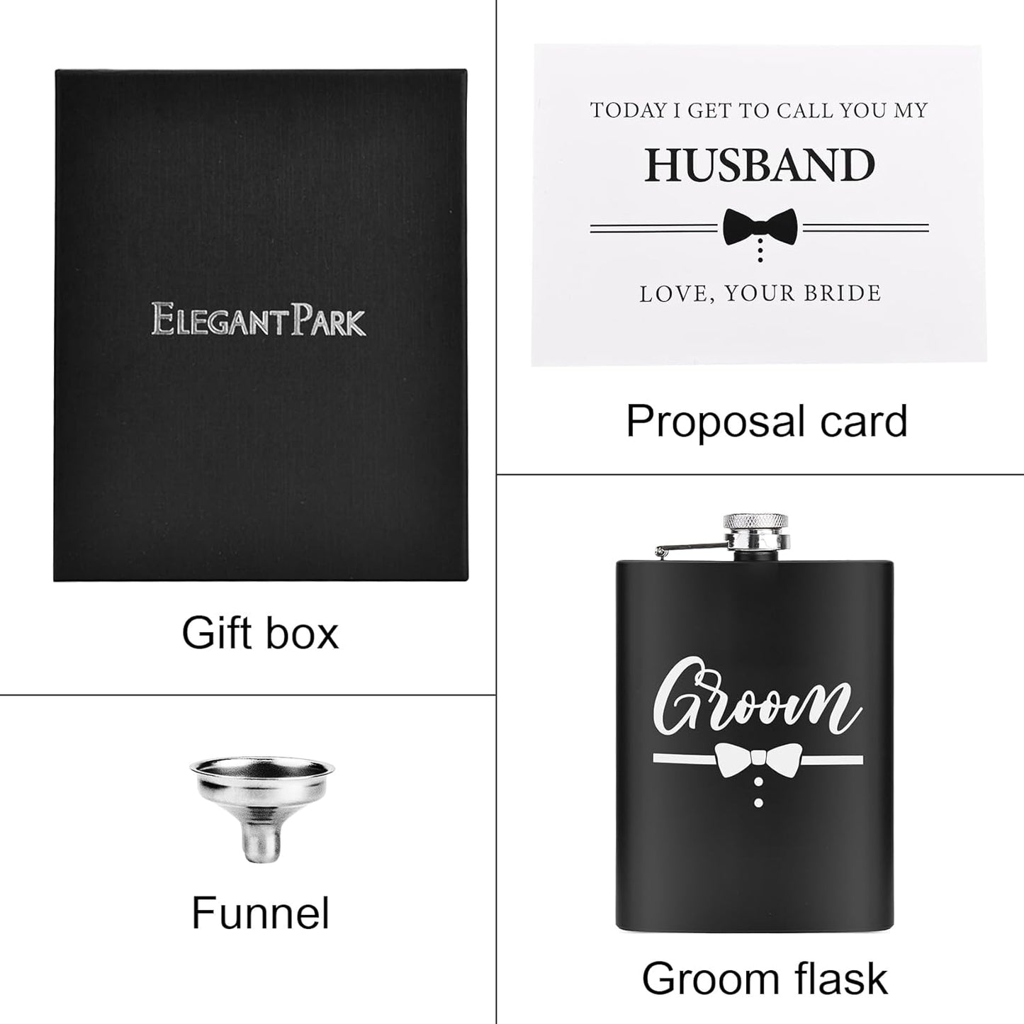 ELEGANTPARK Engraved Groom Flask Personalized Groom Gifts for Wedding Stainless Steel 8 OZ Black Hip Flask for Liquor with Funnel