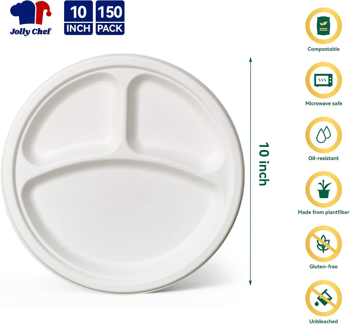 JOLLY CHEF Compostable 𝟯 Compartment Paper Plates 𝟭𝟬 𝗜𝗻𝗰𝗵 [𝟭𝟱𝟬 𝗣𝗮𝗰𝗸] Heavy Duty Divided Disposable Eco-Friendly Bagasse Biodegradable White Round Trays for Party Dinner Thanksgiving Day