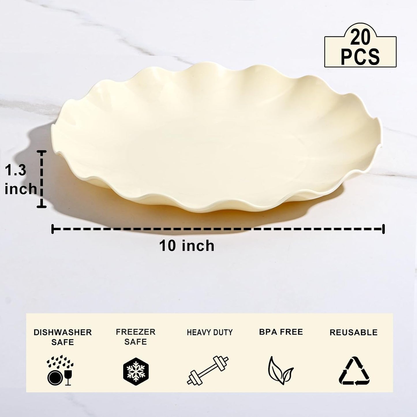 LIYH 20 Pcs 10 Inch Beige Plastic Plates Reusable - Unbreakable Plastic Scalloped Wavy Dinner Plates for Baby Shower Camping Party Outdoor Picnics Dishwasher Safe BPA Free