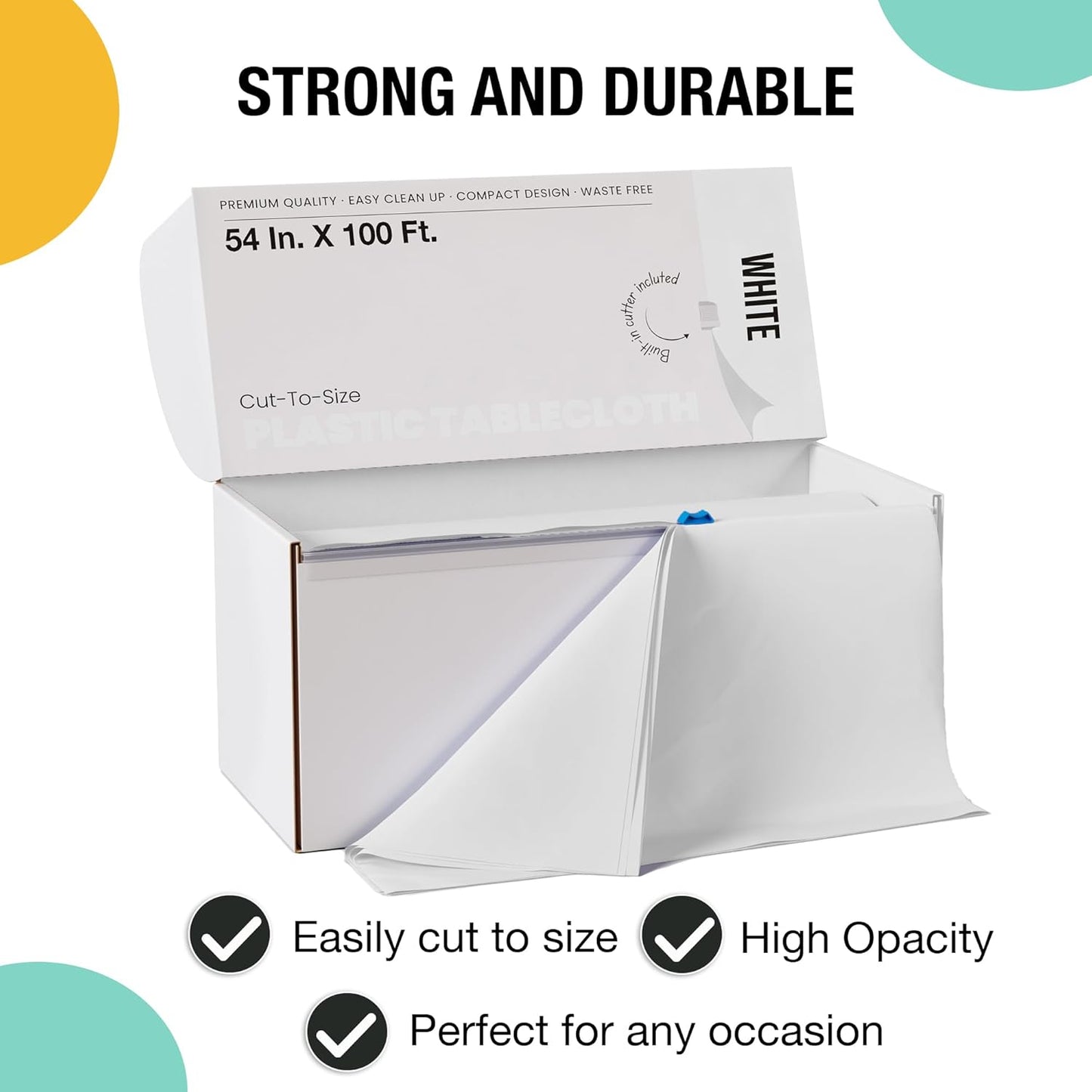 Party Solids 54 Inch X 100 Feet White Plastic Table Cover Roll in A Cut - to - Size Box with Convenient Slide Cutter. Cuts Up to 12 Rectangle 8 Feet Plastic Disposable Tablecloths