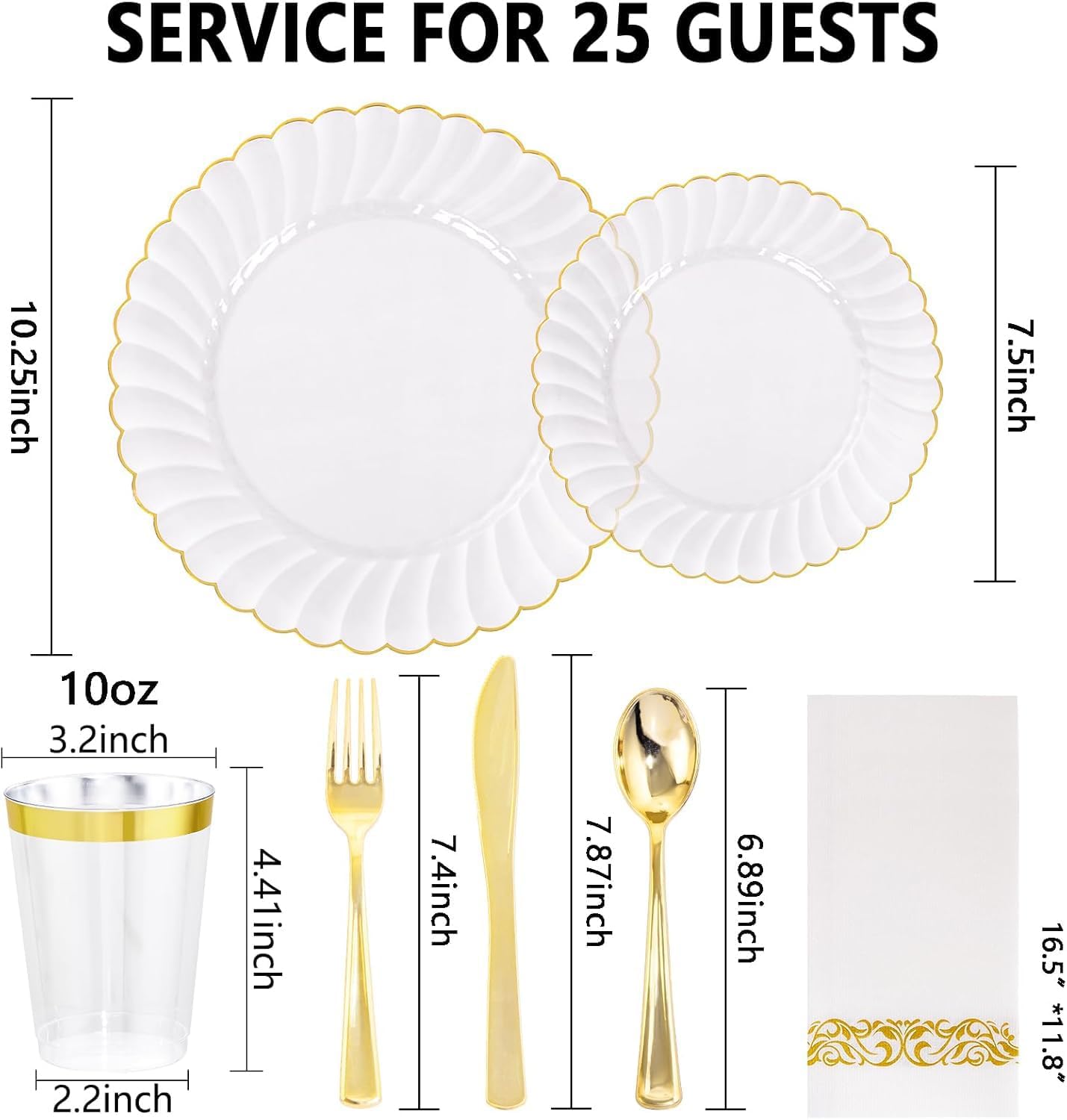 YOUBET 175PCS Gold Scalloped Plastic Plates - Clear and Gold Disposable Dinnerware Set Include 50 Plates, 75 Gold Silverware, 25 Cups, 25 Napkins for Party & Wedding & Thanksgiving