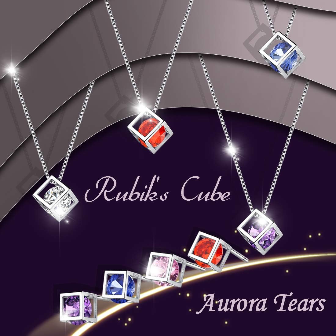 Aurora Tears Birthstone Necklace/Earring 925 Sterling Silver Women Cross/3D Cube/Cresent Moon Birth Stone Jewelry Mens Birthday Gift Anniversary Present