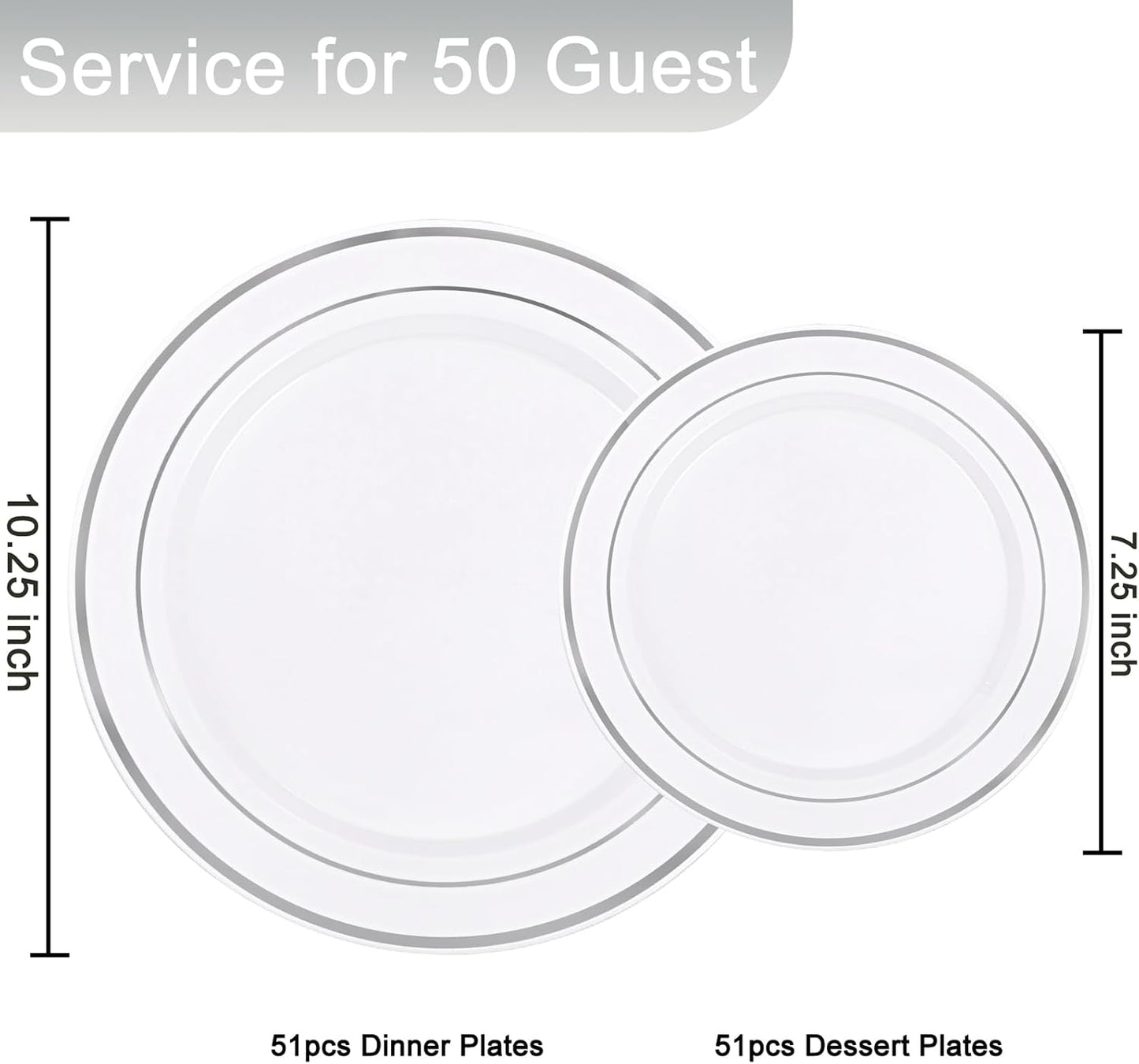 Supernal 102pcs White and Silver Plastic Plates Disaposable Party Plates White Silver Rim Heavy Duty Fancy Silver Plastic Dinnerware Set included 51 Dinner & Dessert Plates for Birthday and Wedding
