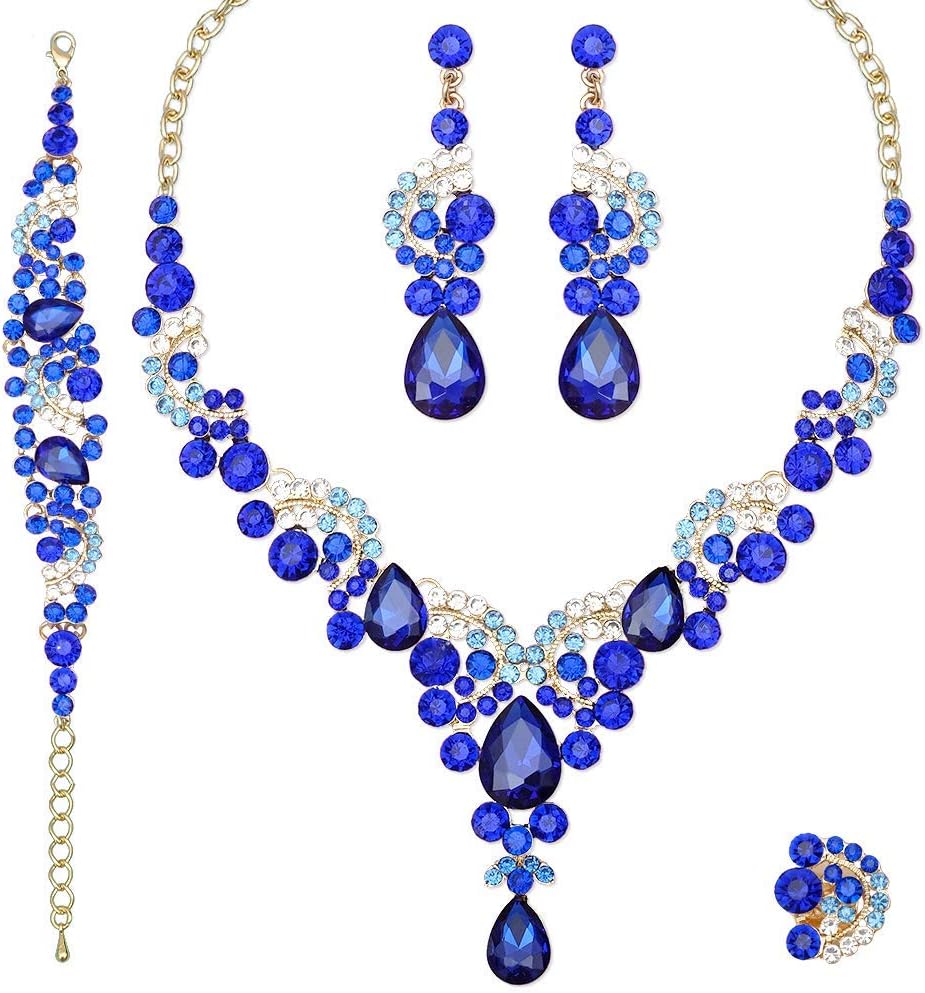 CSY Elegant Crystal Necklace Earrings Bracelet Ring Bridal Wedding Party Costume Jewelry Sets for Brides Women