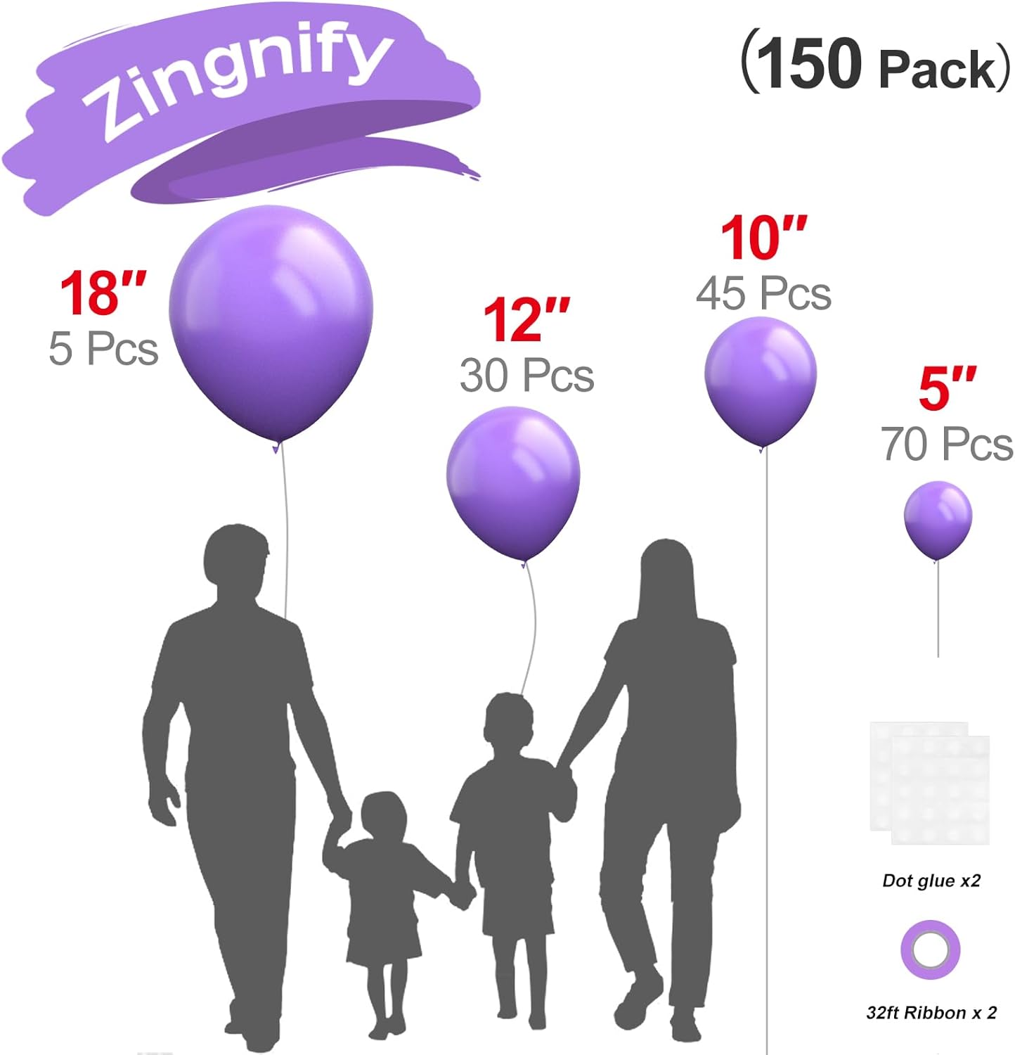 Purple Balloons, 150 pcs Different Sizes Pack of 18 Inch 12 Inch 10 Inch 5 Inch Lavender Lilac Balloon Arch Kit Garland for Graduation Baby Shower Halloween Birthday Party Decorations