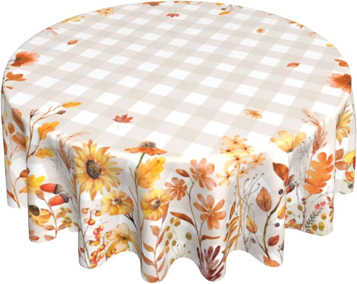 Autumn Floral Tablecloth 60Inch Round Watercolor Fall Flowers Table Cloth with Khaki Buffalo Plaids Orange Wildflower Leaves Table Cover Polyester Washable for Kitchen Dining Picnic Tabletop Decor