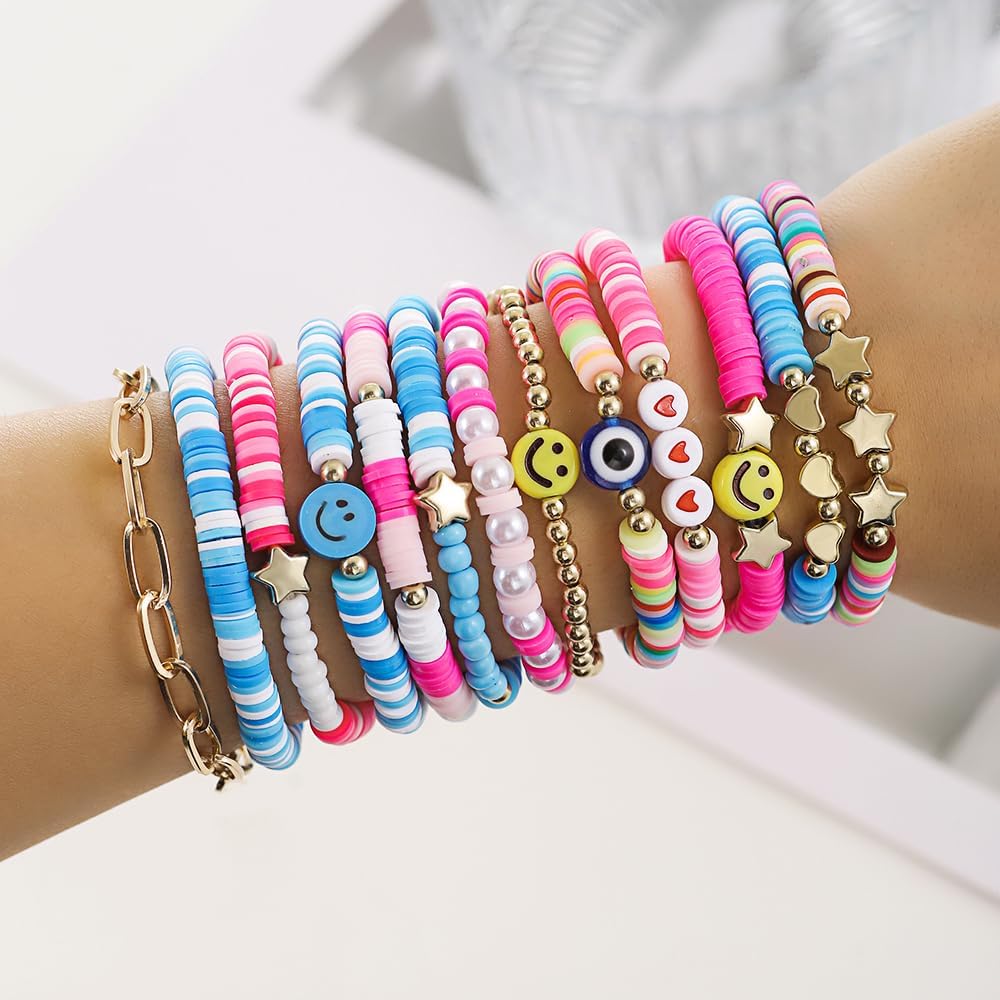 Friendship Bracelets Boho Stackable Bracelets for Women Surfer Heishi Clay Bead Bracelets Stretch Preppy Bracelets Colorful Boho Bracelets for Women