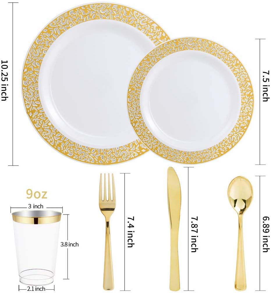 WELLIFE 175 PCS Gold Plastic Plates, Gold Rim Plastic Dinnerware Set, Includes: 25 Dinner plates, 25 Salad Plates, 25 Tumblers 9oz, 50 Forks, 25 Knives and 25 Spoons for Party