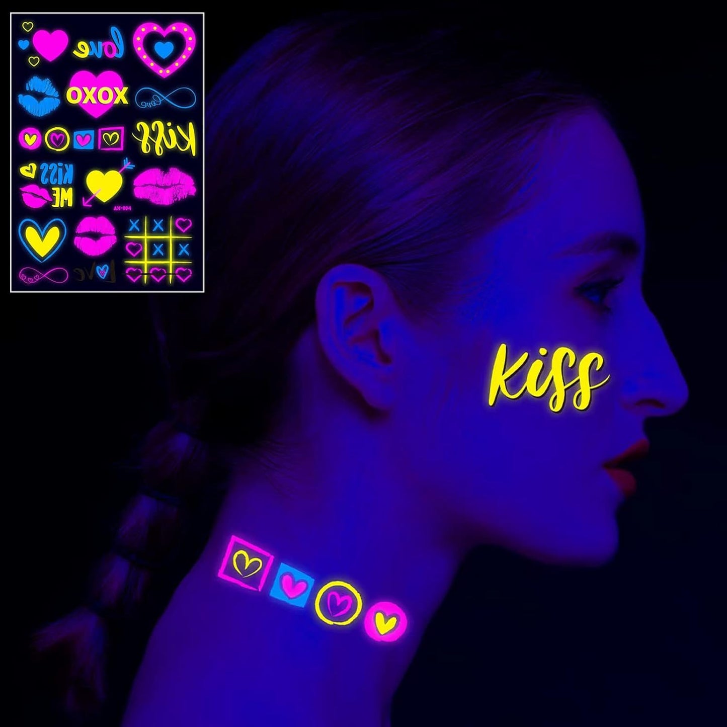 Neon Temporary Tattoos New Love Mixed Style Glitter Cupid Red Lips Heart Flower Glow In The Dark UV Neon Tattoos Stickers 60 Flash Fake Waterproof Tattoos for Women Girls Body Art