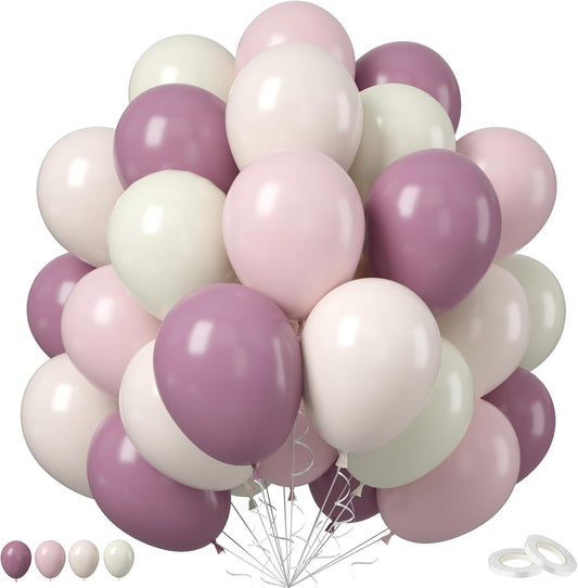 Pink and Purple Balloons, 50PCS 12Inch Dusty Purple Lavender Pastel Macaron Pink Sand White Balloon Boho Balloon for Girls Birthday Baby Shower Wedding Boho Bridal Shower Decorations