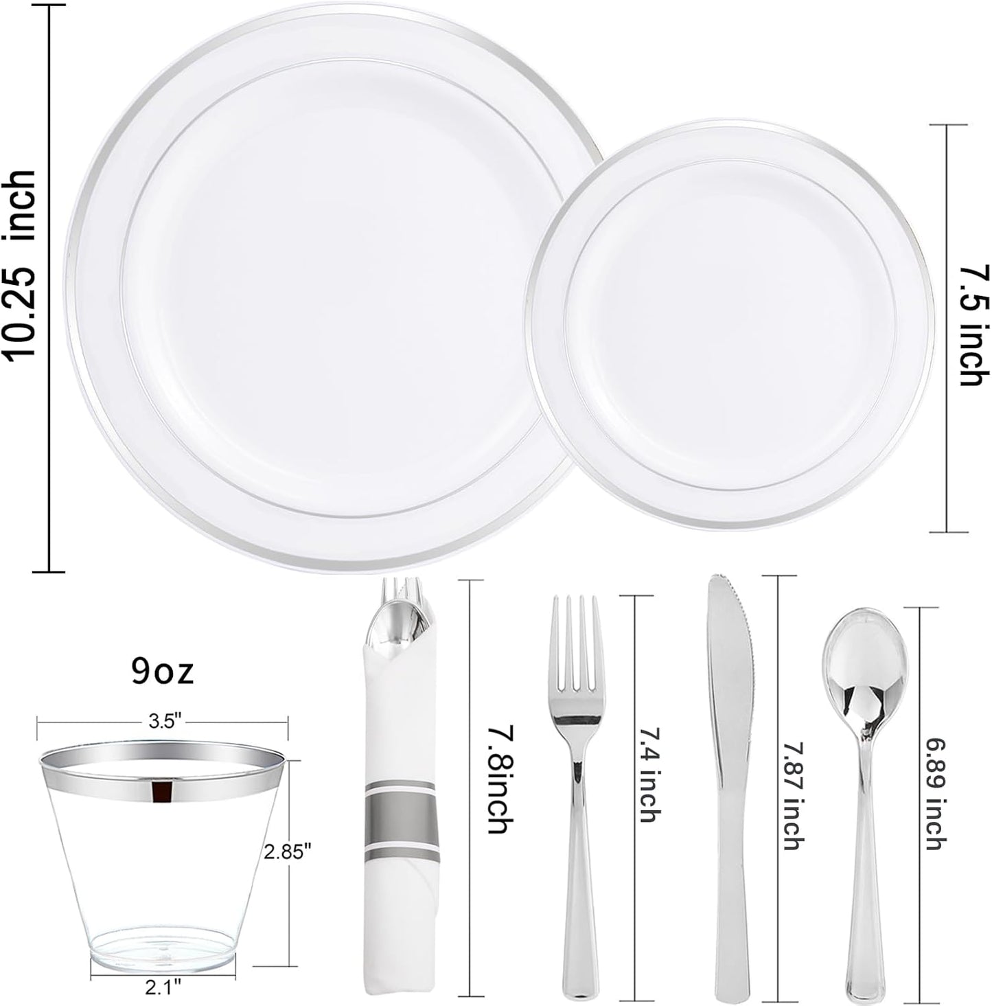 WELLIFE 700 Pcs Silver Plastic Plates for 100 Guests - Party Supplies Includes 200 Plastic Plates,300 Silver Silverware,100 Napkins,100 Cups for Party,Disposable Dinnerware Set