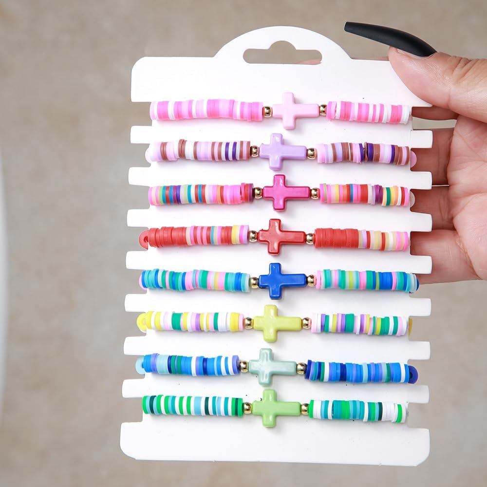 Heishi Surfer Clay Bead Bracelets Set for Women - Preppy Smile Evil Eye Beaded Stretch Bracelets Elastic Layering Friendship Bracelets- Stackable Boho Disc Summer Jewelry Set