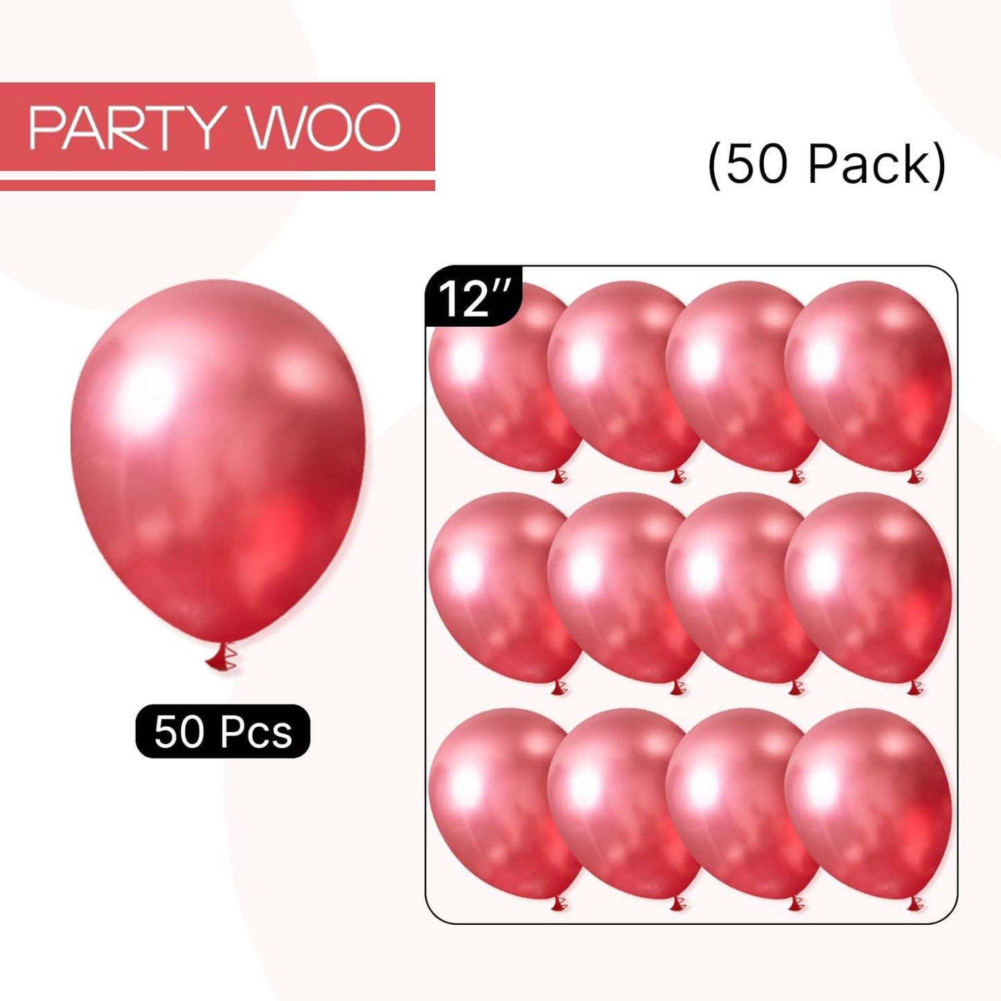 PartyWoo, 50 pcs 12" Pink Metallic Balloons, Balloon Garland or Arch Decorations, Birthday, Wedding, Anniversary, Unisex, All Ages, 3-6hrs Helium, 72hrs Air Filled