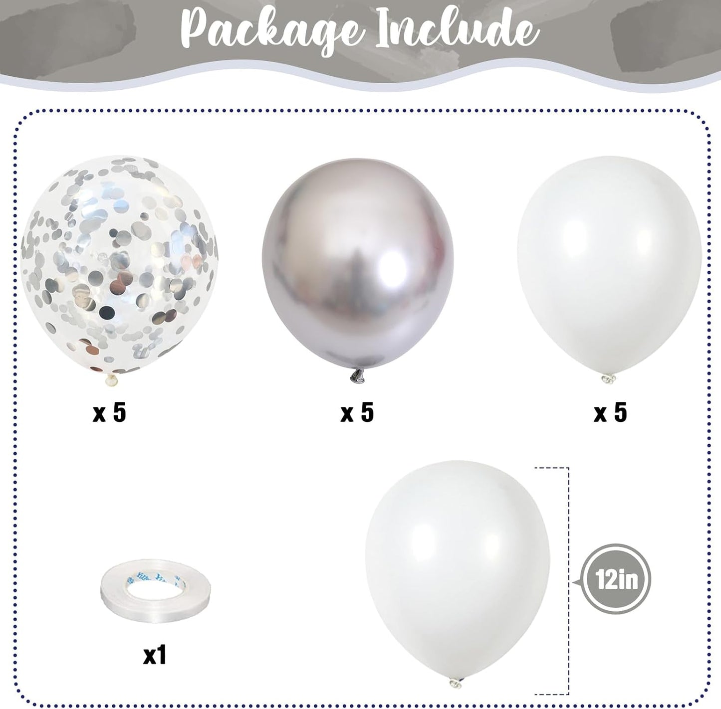 Silver and White Balloons, 12 Inch Metallic Silver White Latex Balloons Set Decor with Silver Confetti Helium Balloons for Boys Girls Birthday Party Baby Shower Wedding Graduation Party Decorations