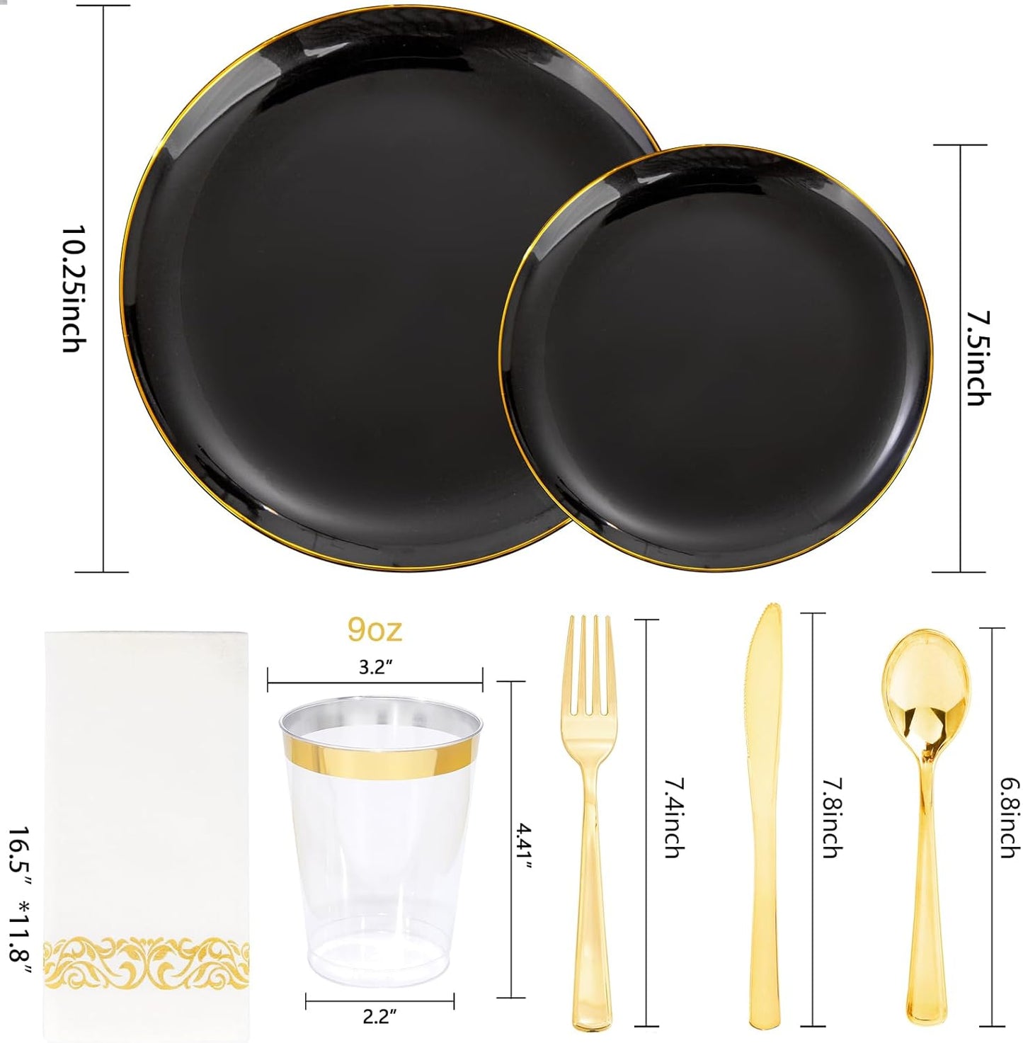 Supernal 350pcs Black & Gold Plastic Dinnerware Set, Elegant Black Plates with Golden Edges, Gold Plastic Silverware, Durable Tableware Perfect for Birthdays, Parties, Wedding, Celebration