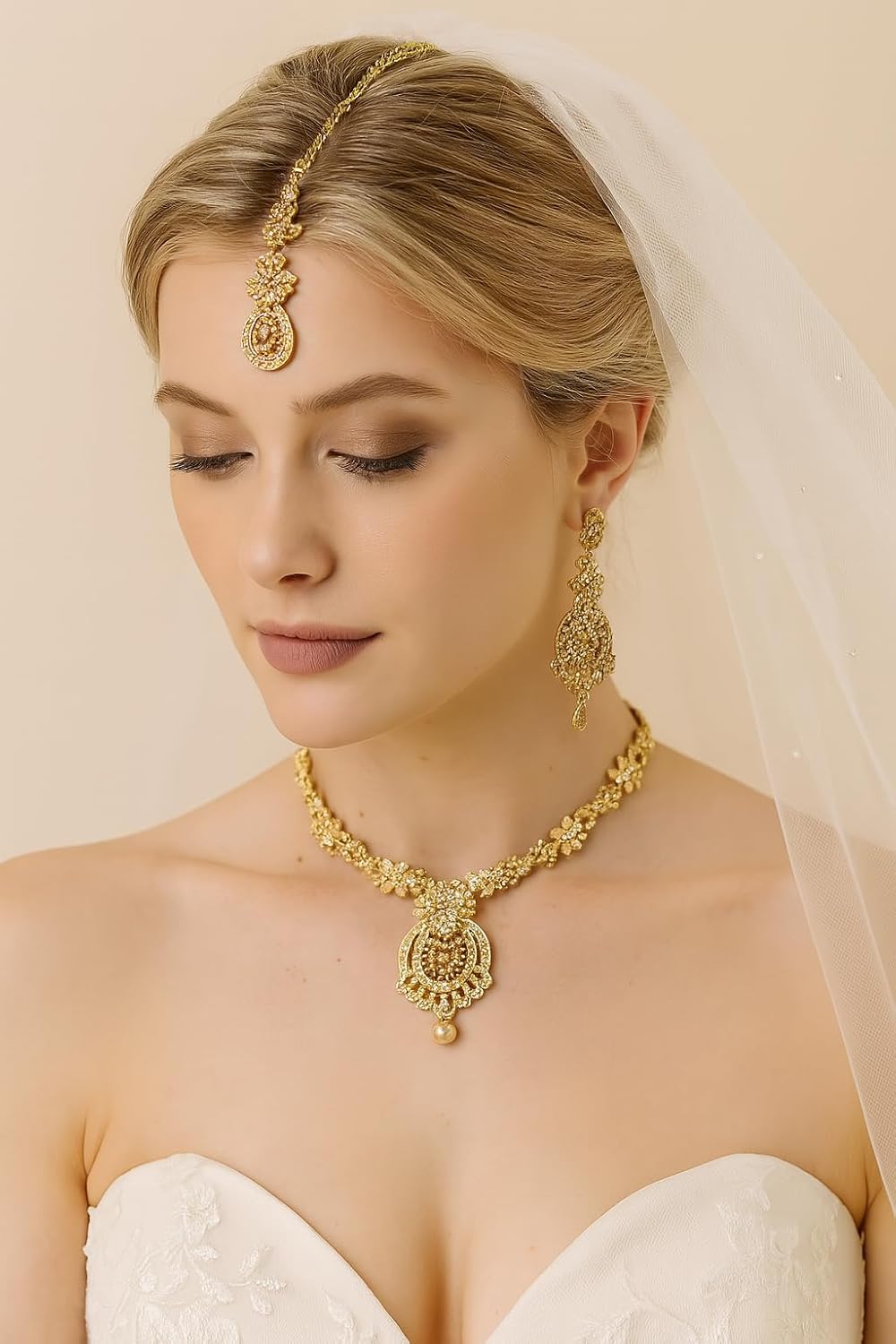 Touchstone Indian jewelry sets for women maang tikka wedding guest gold necklace bollywood jewellery set pageant elegant prom bride accessories western crystal chunky rhinestone necklaces