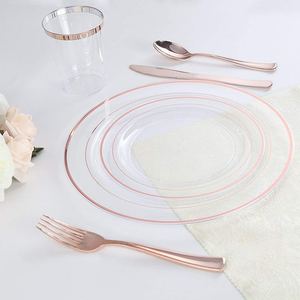 I00000 60 Pcs Rose Gold Plastic Plates, Disposable Party Set Include: 60 Clear Plastic Plates with Rose Gold Trim for dinner and dessert Perfect for Holidays, Wedding & Party Supplies