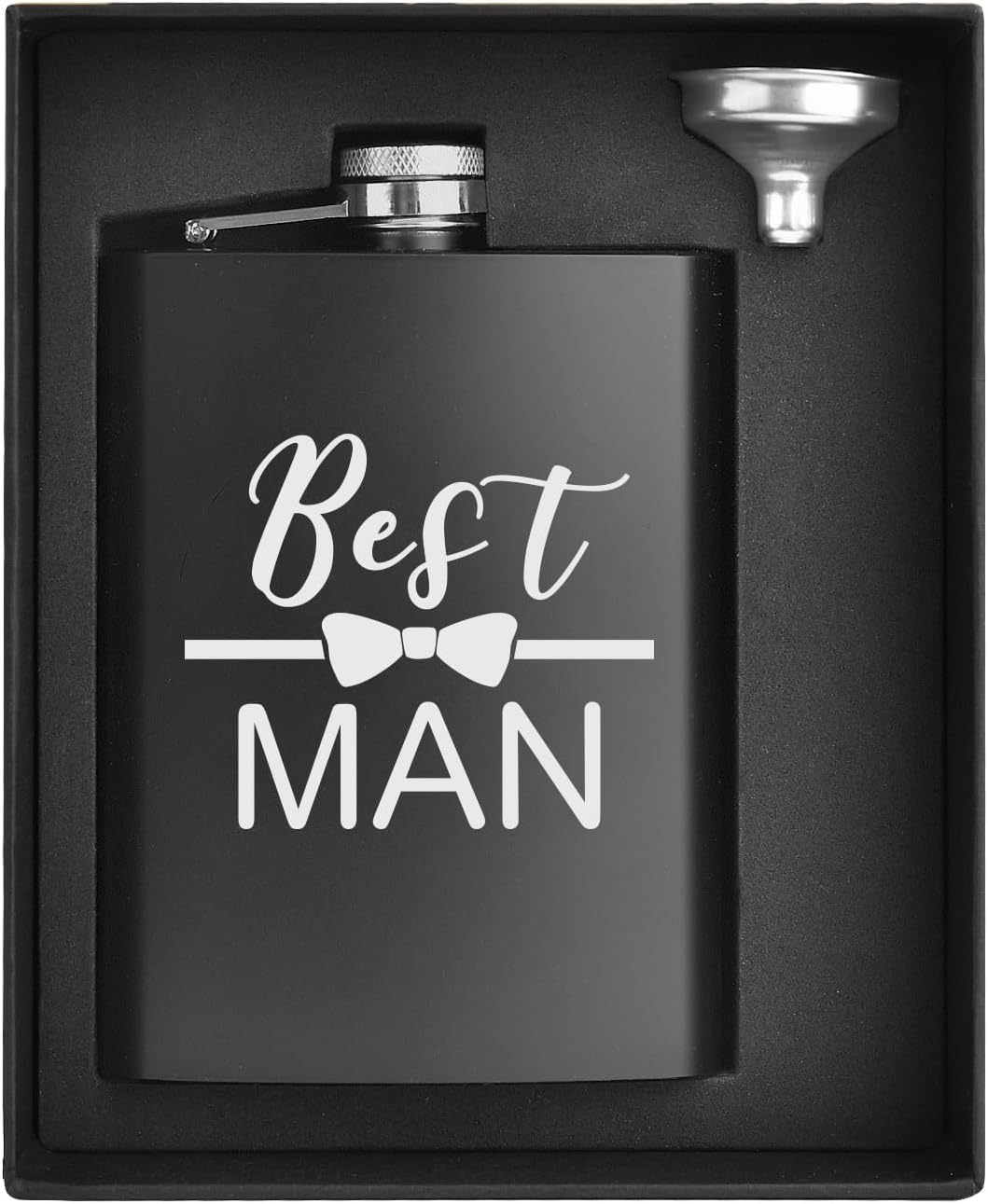 ELEGANTPARK Engraved Best Man Flask Best Man Groomsmen Gifts Groomsmen Proposal Gifts Wedding Bachelor Party Favor Stainless Steel 8 OZ Black Hip Flask for Liquor with Funnel
