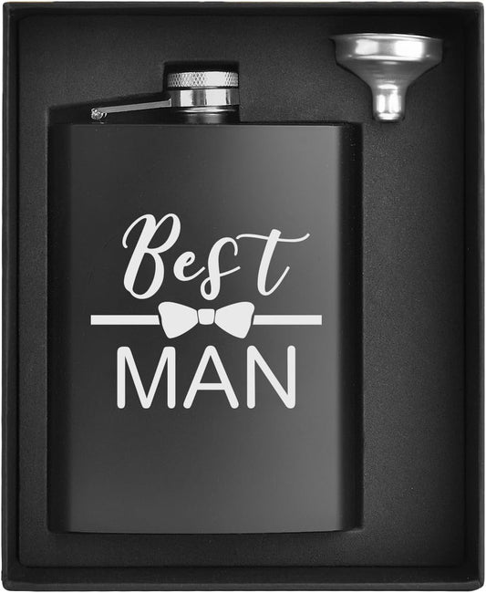 ELEGANTPARK Engraved Best Man Flask Best Man Groomsmen Gifts Groomsmen Proposal Gifts Wedding Bachelor Party Favor Stainless Steel 8 OZ Black Hip Flask for Liquor with Funnel