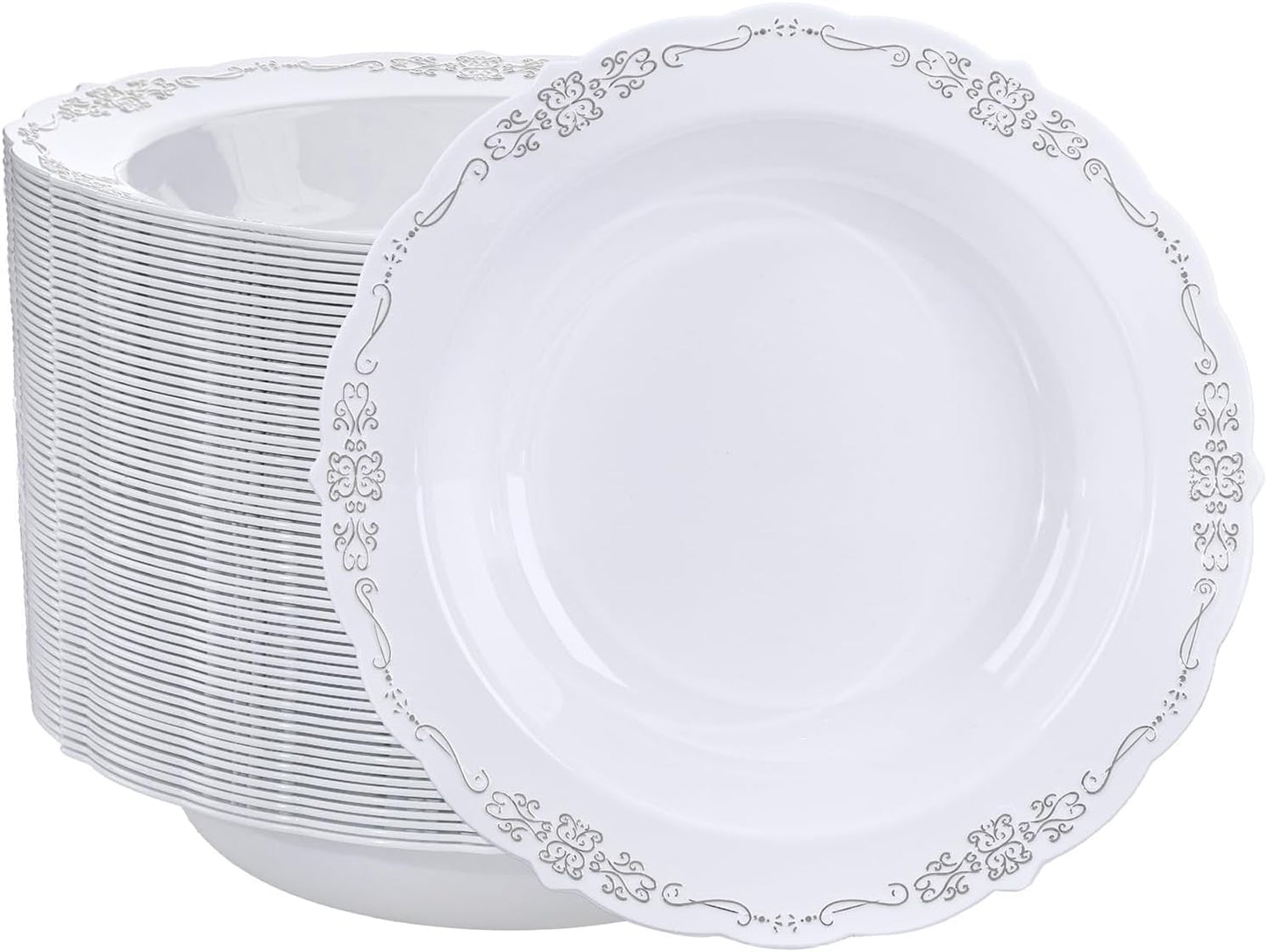 DaYammi 50 Pack Plastic Bowls with Silver Rim, 12oz Disposable Soup Bowls, Heavy Duty Dinner Bowls for Weddings, Parties, Dinners, Catering and Everyday Use