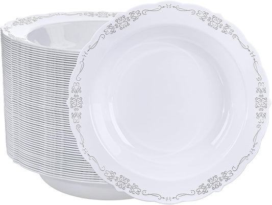 DaYammi 50 Pack Plastic Bowls with Silver Rim, 12oz Disposable Soup Bowls, Heavy Duty Dinner Bowls for Weddings, Parties, Dinners, Catering and Everyday Use