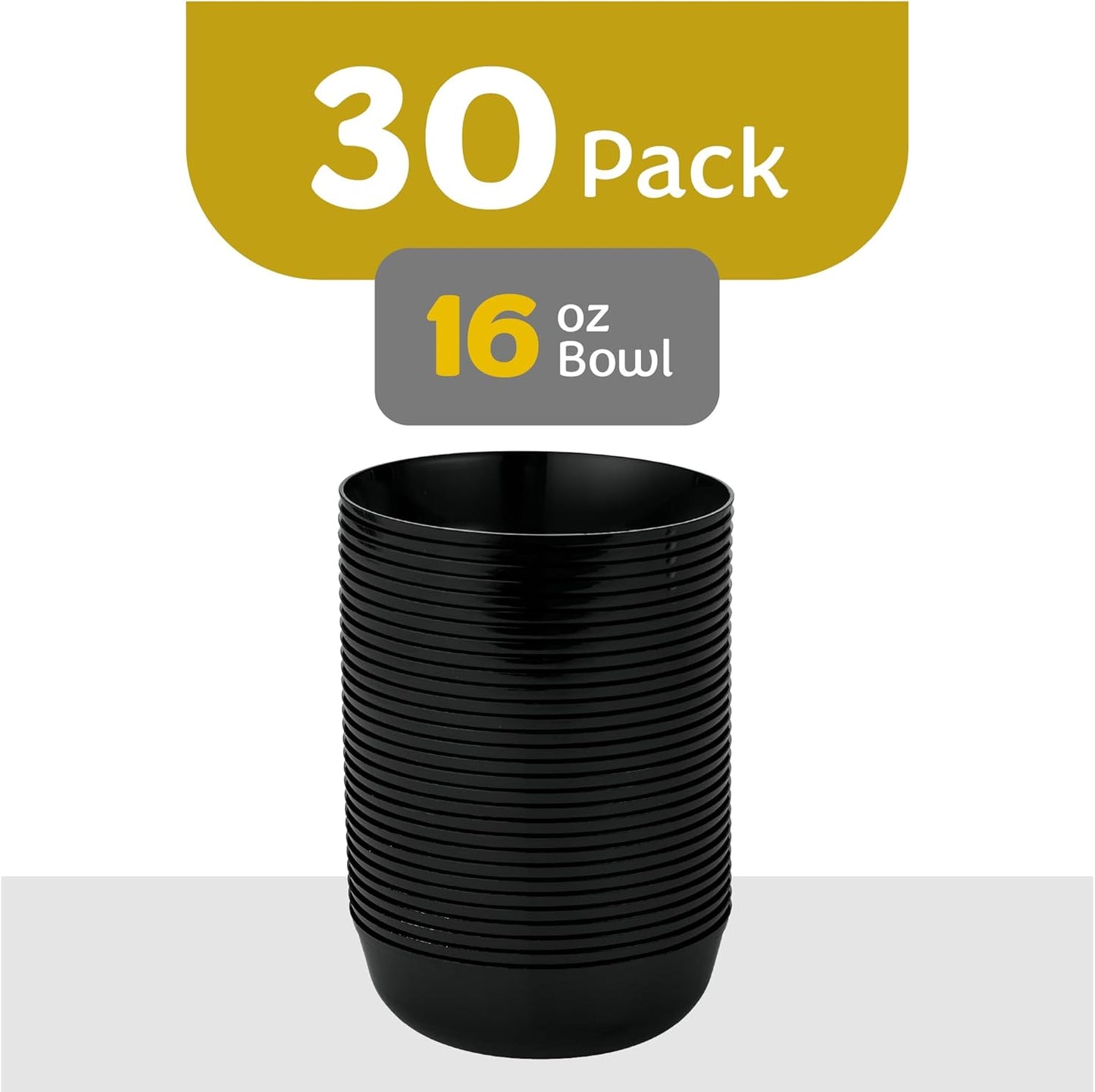 [30 Pack 16 OZ Bowls] Edge Collection Black Plastic Party Bowls Premium heavyweight Elegant Disposable Tableware Dishes