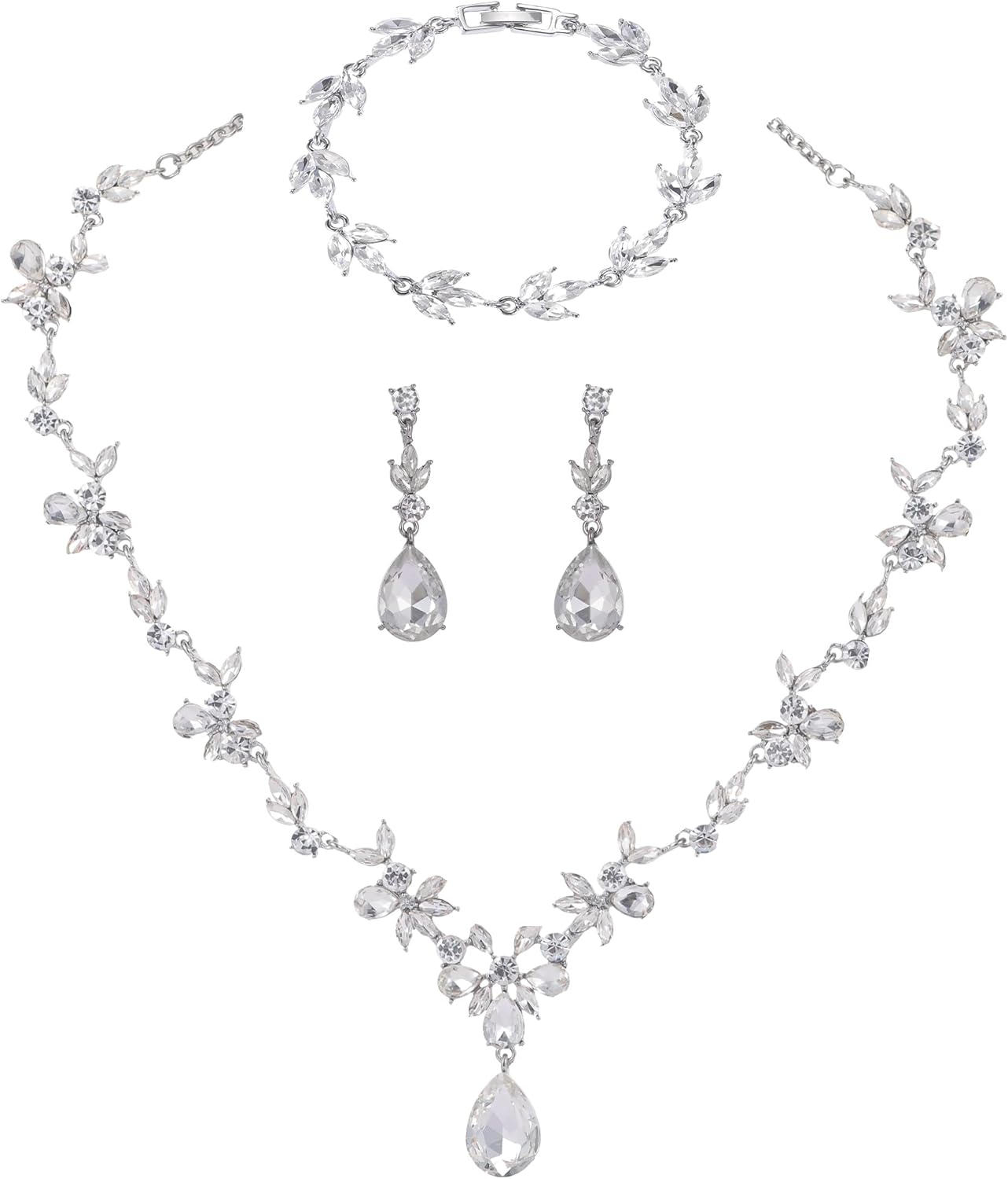 Kamirola Bridal Jewelry Set, Jewelry Set for Women, Necklace Dangle Earrings Bracelet Set, White Gold Plated (TR76)