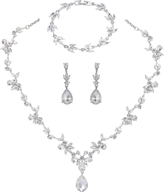 Kamirola Bridal Jewelry Set, Jewelry Set for Women, Necklace Dangle Earrings Bracelet Set, White Gold Plated (TR76)
