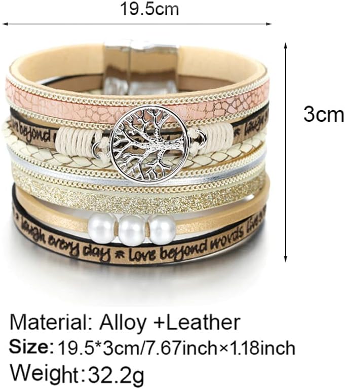 Fesciory Leopard Bracelet for Women, Boho Leather Wrap Multi-Layer Pearl Crystal Bracelet Bangle Jewelry