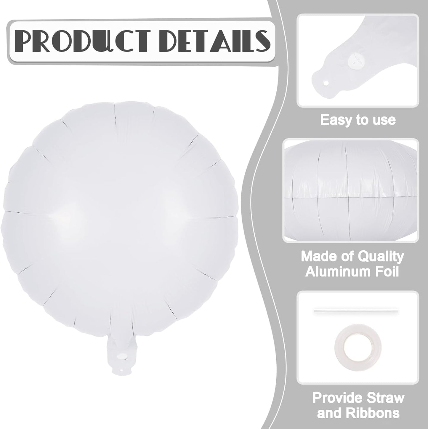 20 Pcs White Round Shaped Balloons,18 Inch Round Foil Balloon,Giant Round Mylar Balloon Helium Balloons for Birthday Party Baby Shower Wedding Decorations (White)