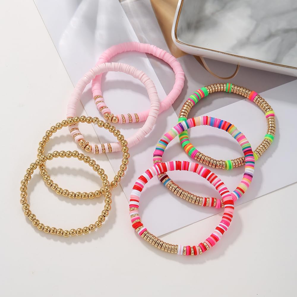 Friendship Bracelets for Women - Heishi Surfer Colorful Smile Evil Eye Clay Beaded Stretch Bracelets Elastic Layering - Stackable Boho Disc Y2K Aesthetic Summer Jewelry Set.