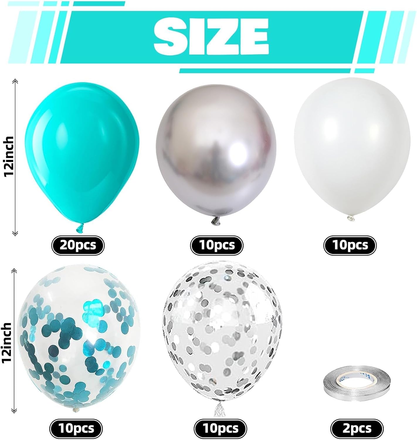 Teal Blue and Silver Balloons, 60 Packs 12Inch Teal and Metallic Silver Balloons, Teal Blue White Silver Confetti Balloon with Ribbons for Wedding Baby Bridal Baby Shower Birthday Party Decoration