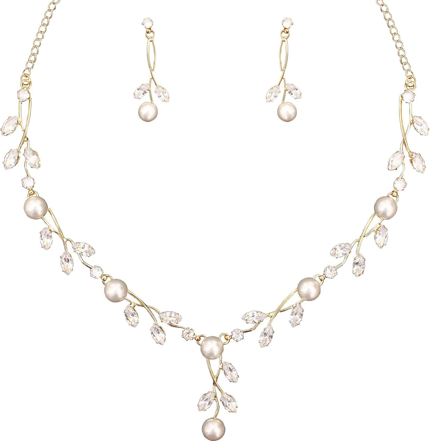 Luxury Cubic Zirconia Aurtrian Crystal Pearl Floral Necklace Dangle Earrings Wedding Bridal Jewelry Set Birthday Gifts for Her