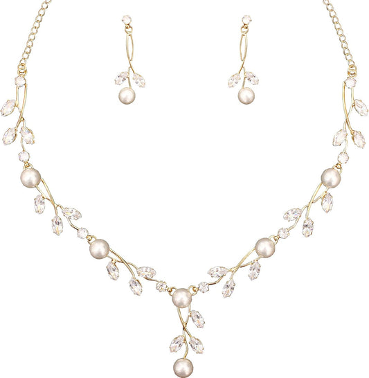 Luxury Cubic Zirconia Aurtrian Crystal Pearl Floral Necklace Dangle Earrings Wedding Bridal Jewelry Set Birthday Gifts for Her